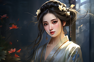 新中式美女温婉水墨插画