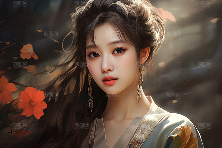 新中式美女艺术高清插画