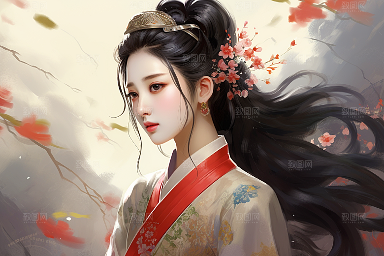 新中式美女文艺水墨插画