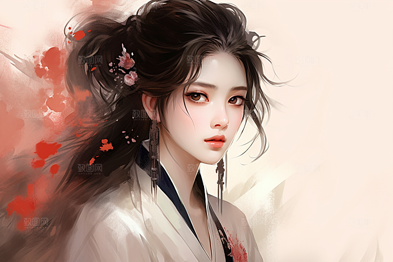 新中式美女高清水墨插画