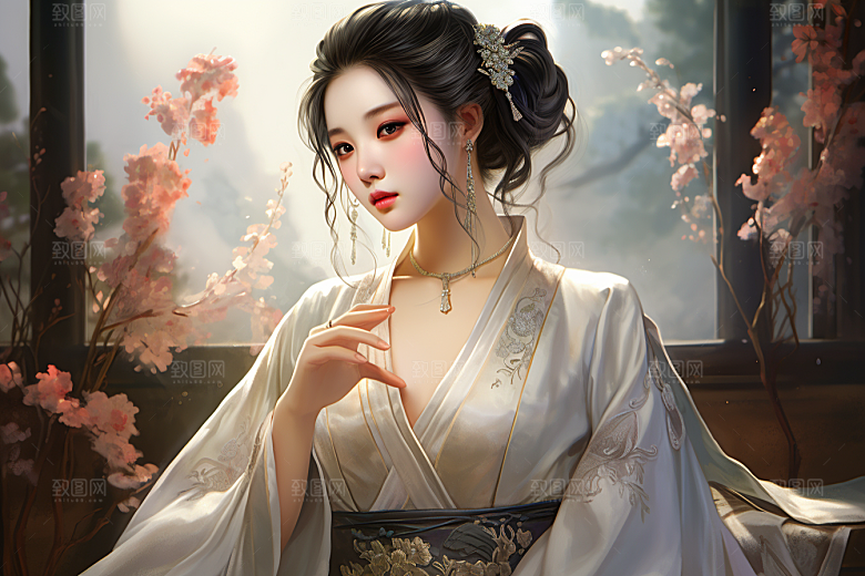新中式美女文艺高清插画