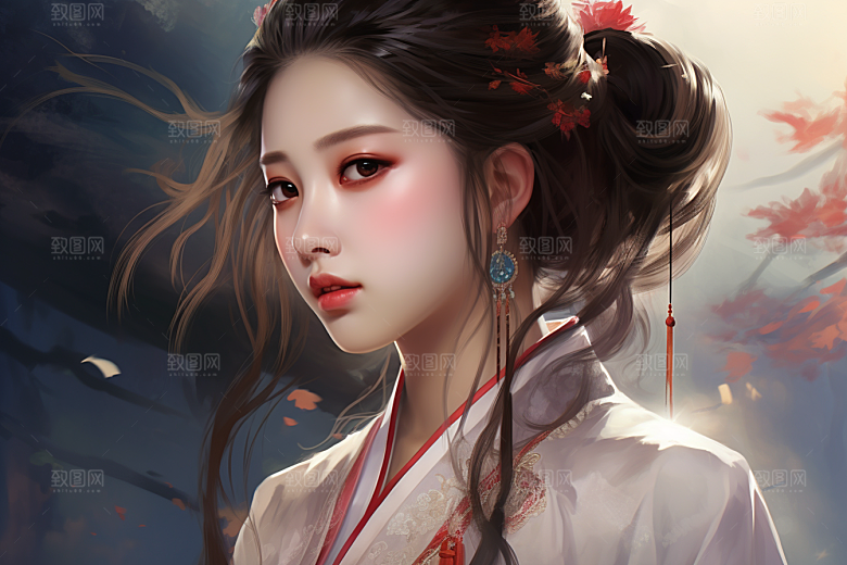 新中式美女水墨高清插画