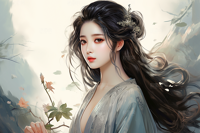 新中式美女水墨艺术插画