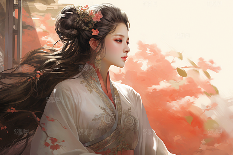 新中式美女温婉手绘插画