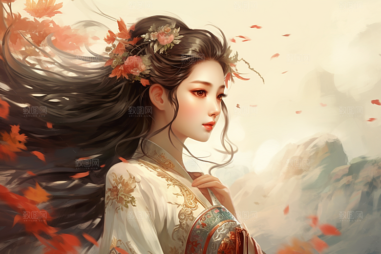 新中式美女手绘文艺插画