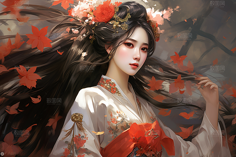 新中式美女手绘艺术插画