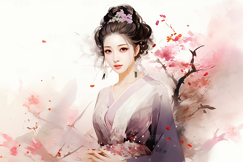 新中式美女手绘高清插画