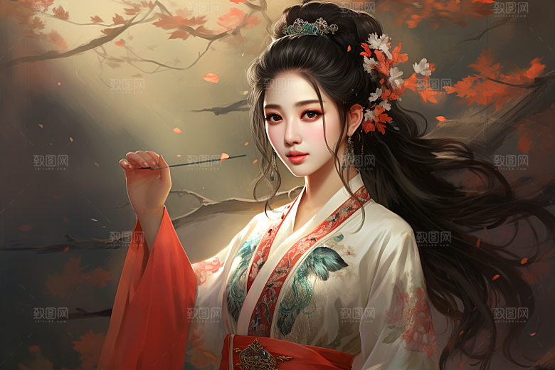 新中式美女手绘温婉插画