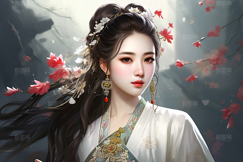 新中式美女水墨高清插画
