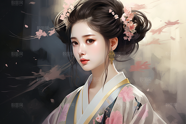 新中式美女温婉水墨插画