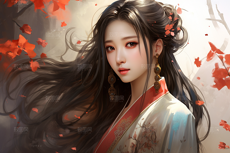 新中式美女手绘高清插画
