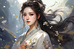 新中式美女中国风水墨插画
