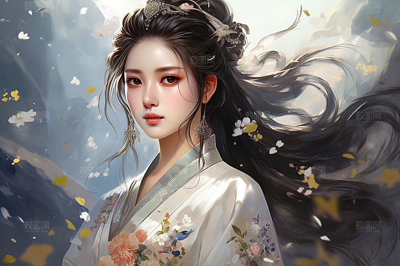 新中式美女中国风水墨插画