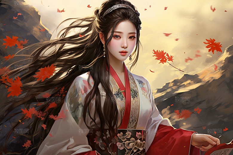 新中式美女温婉水墨插画