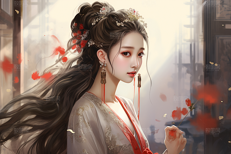 新中式美女手绘艺术插画