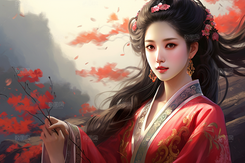 新中式美女唯美手绘插画