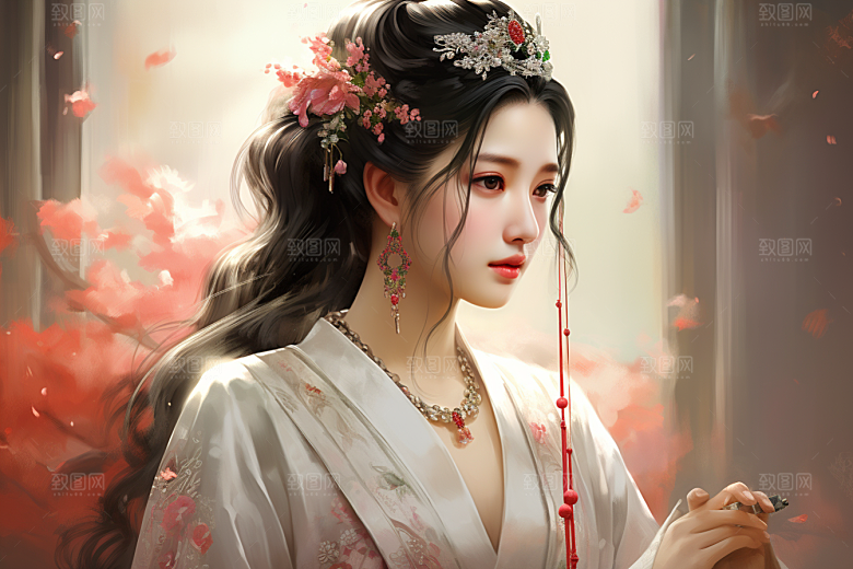 新中式美女唯美手绘插画