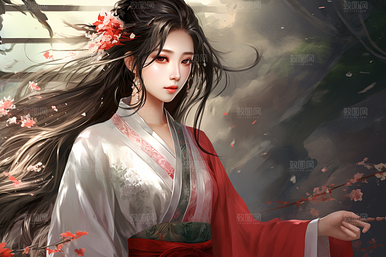 新中式美女温婉手绘插画
