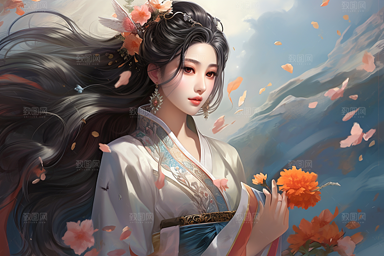 新中式美女艺术水墨插画