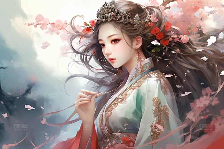 新中式美女水墨高清插画