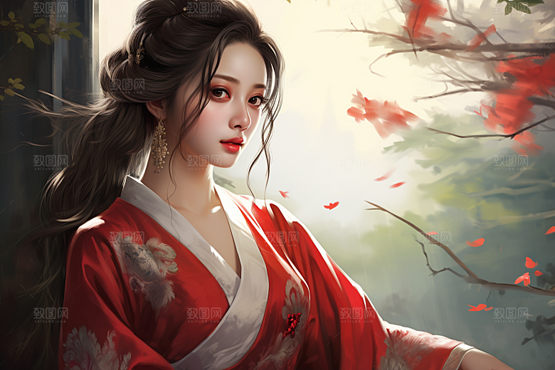新中式美女手绘文艺插画
