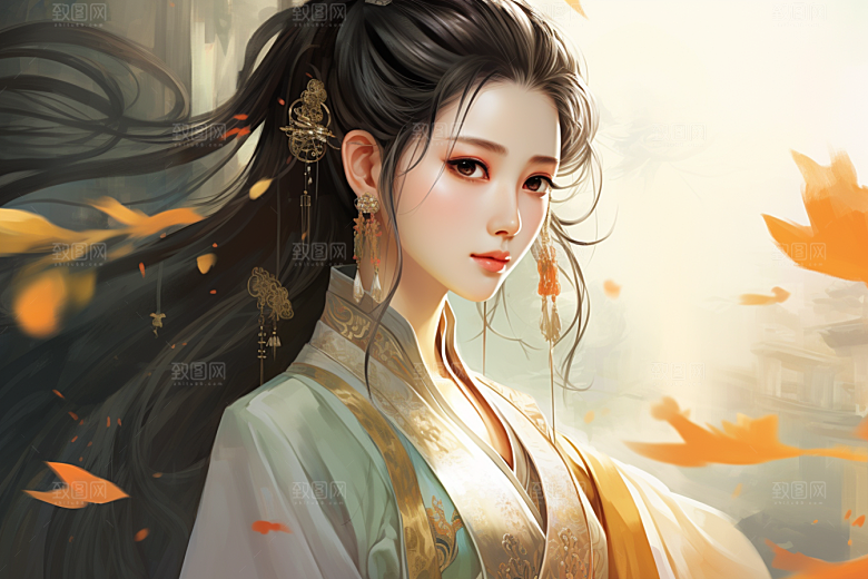 新中式美女温婉水墨插画
