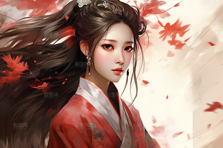 新中式美女温婉水墨插画