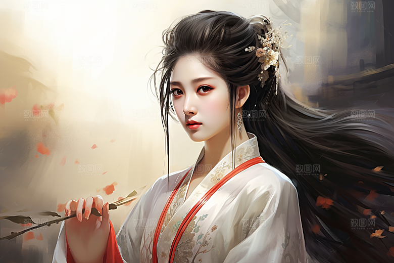 新中式美女温婉手绘插画