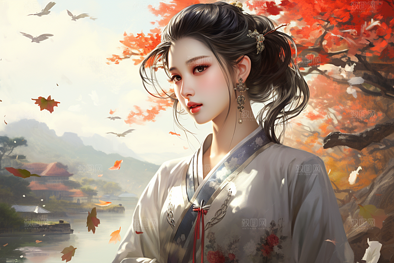 新中式美女温婉水墨插画