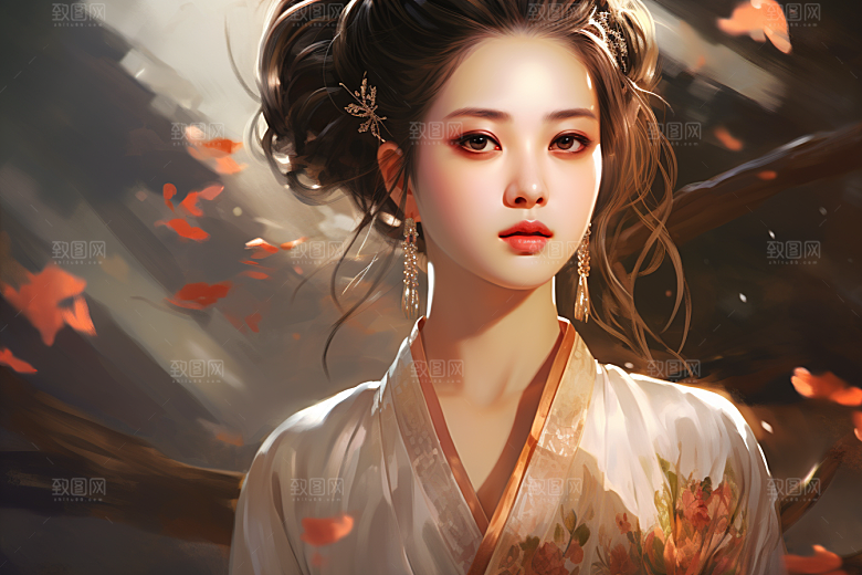 新中式美女高清手绘插画