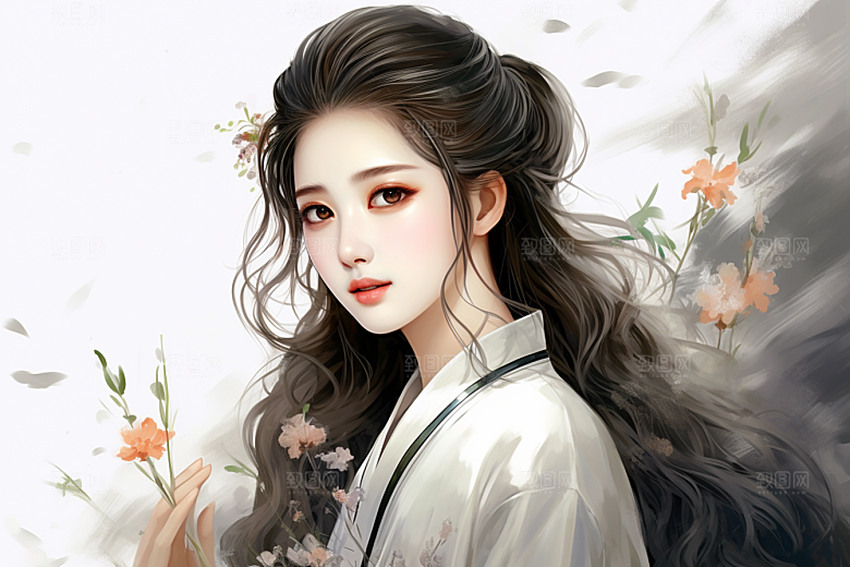 新中式美女中国风水墨插画