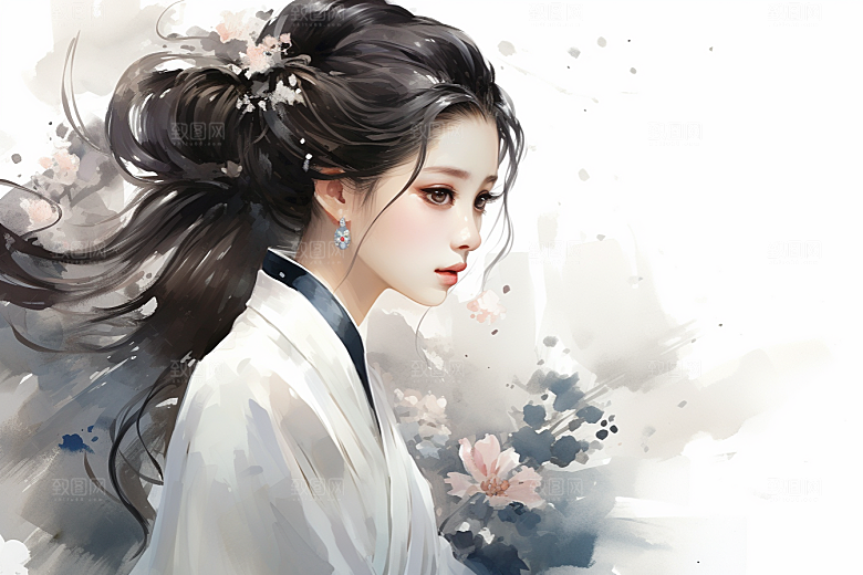 新中式美女文艺艺术插画