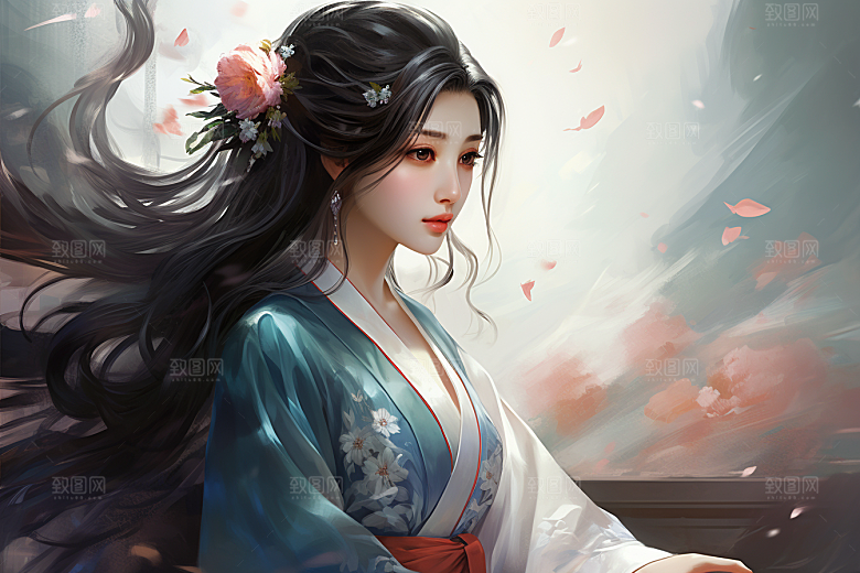 新中式美女手绘水墨插画