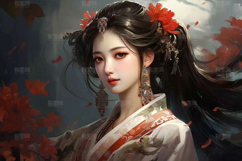 新中式美女文艺高清插画