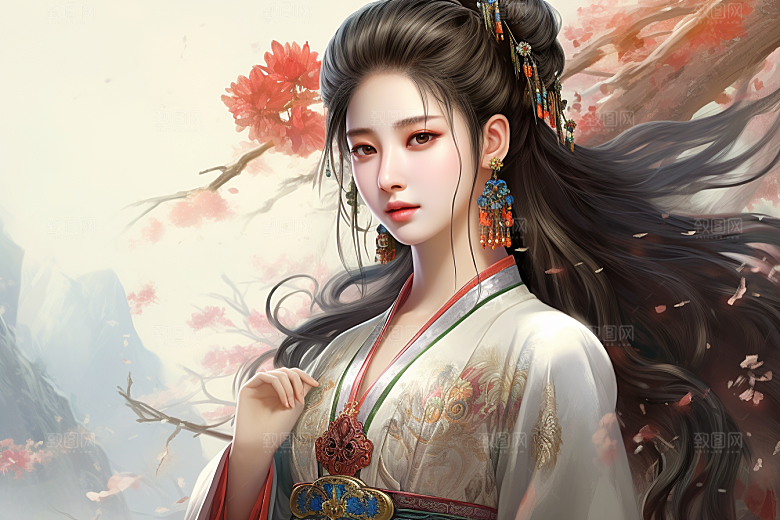 新中式美女水墨高清插画