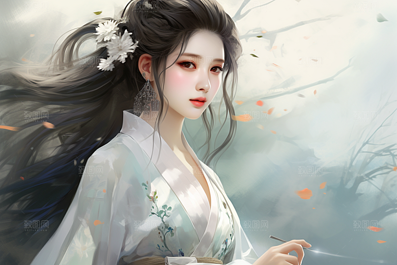 新中式美女水墨中国风插画