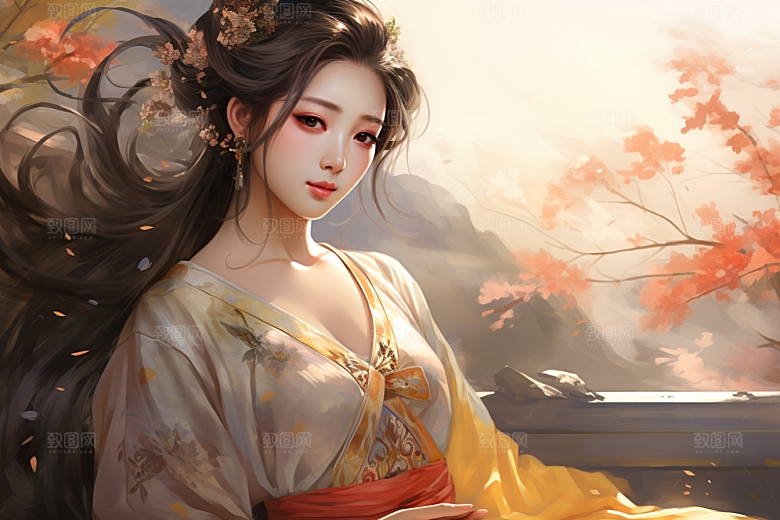 新中式美女水墨中国风插画