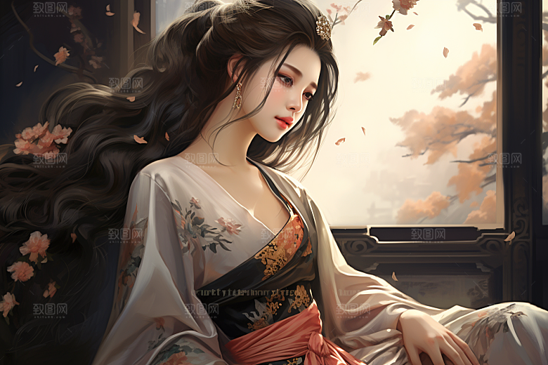 新中式美女唯美文艺插画