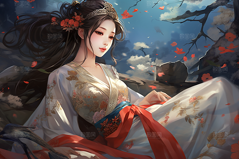 新中式美女唯美手绘插画