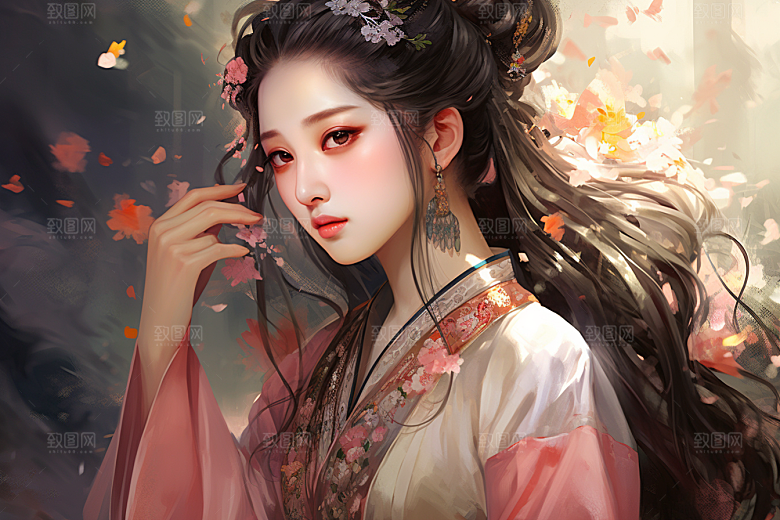 新中式美女中国风水墨插画