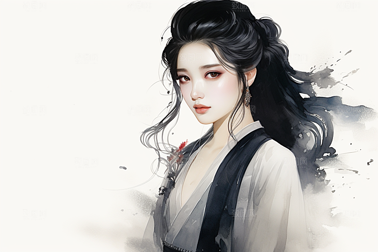 新中式美女手绘高清插画