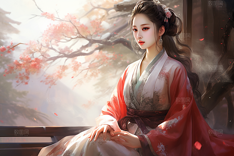新中式美女水墨手绘插画