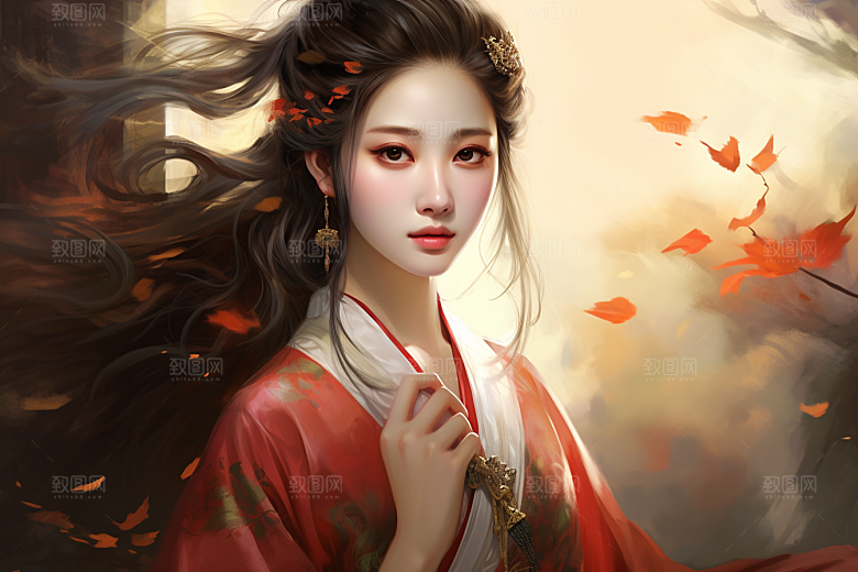 新中式美女文艺手绘插画