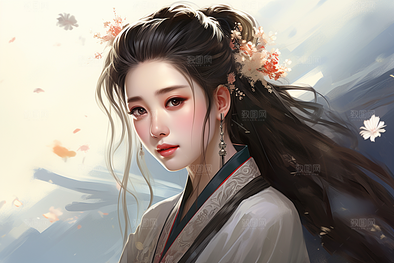 新中式美女水墨手绘插画