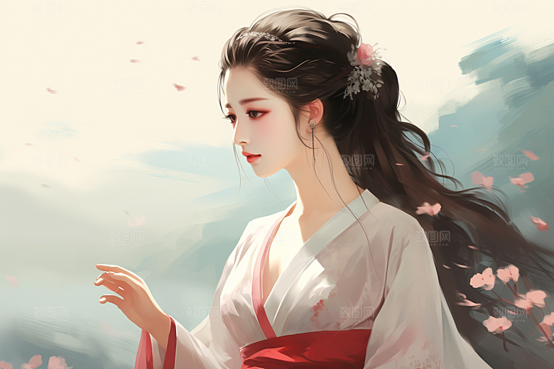 新中式美女中国风手绘插画
