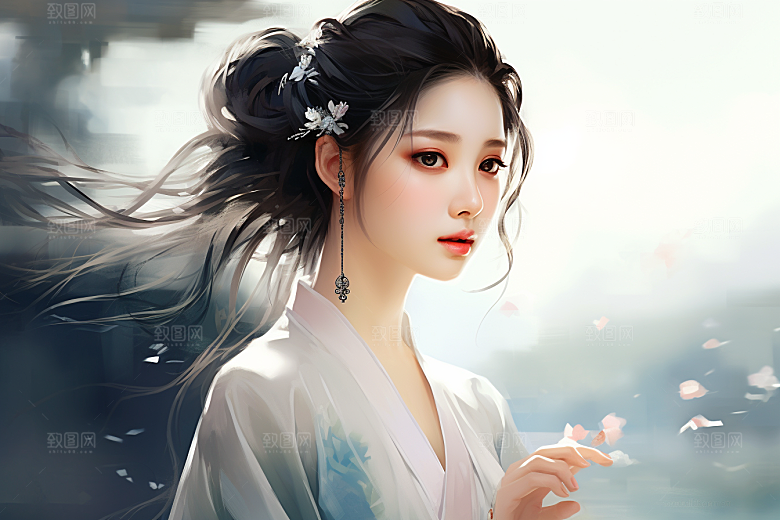 新中式美女水墨艺术插画