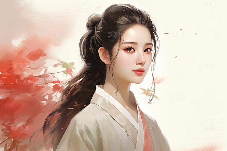新中式美女水墨文艺插画