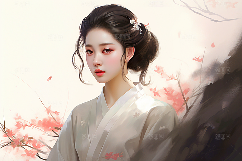 新中式美女手绘水墨插画