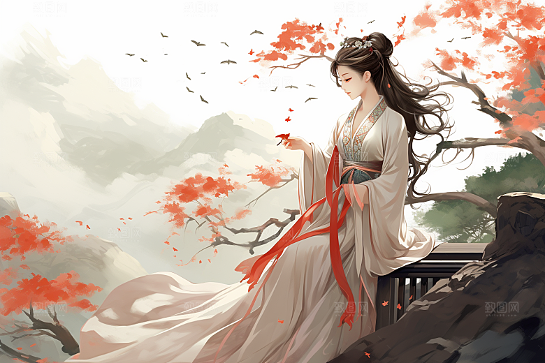 新中式美女文艺高清插画