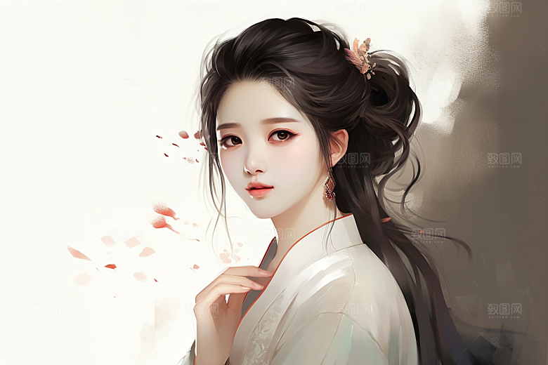 新中式美女艺术水墨插画